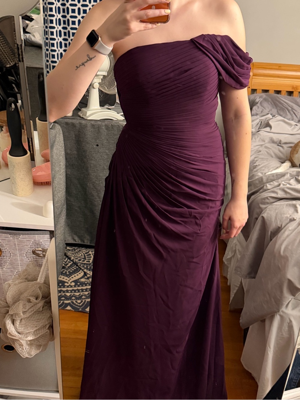 NWT! One-Shoulder Ruched Evening Gown in Deep Plum - Picture 3 of 5